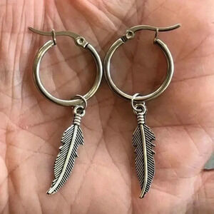Feather Native Hoop Silver Stud Stainless Steel Earrings NWT New